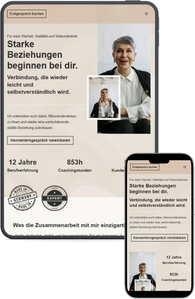 Website für Coaches (Template Pearl) in der Desktop-, Tablet- und Smartphone-Ansicht.