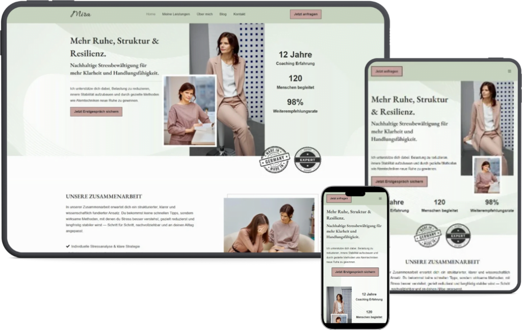 Website für Coaches (Template Mira) in der Desktop-, Tablet- und Smartphone-Ansicht.