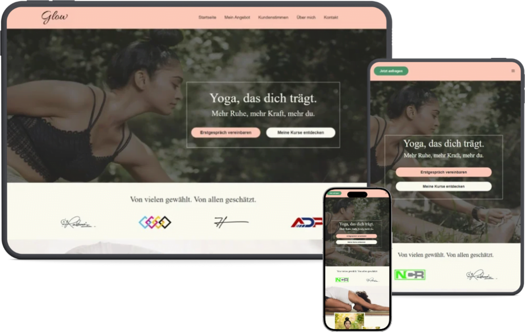 Website für Coaches (Template Glow) in der Desktop-, Tablet- und Smartphone-Ansicht.