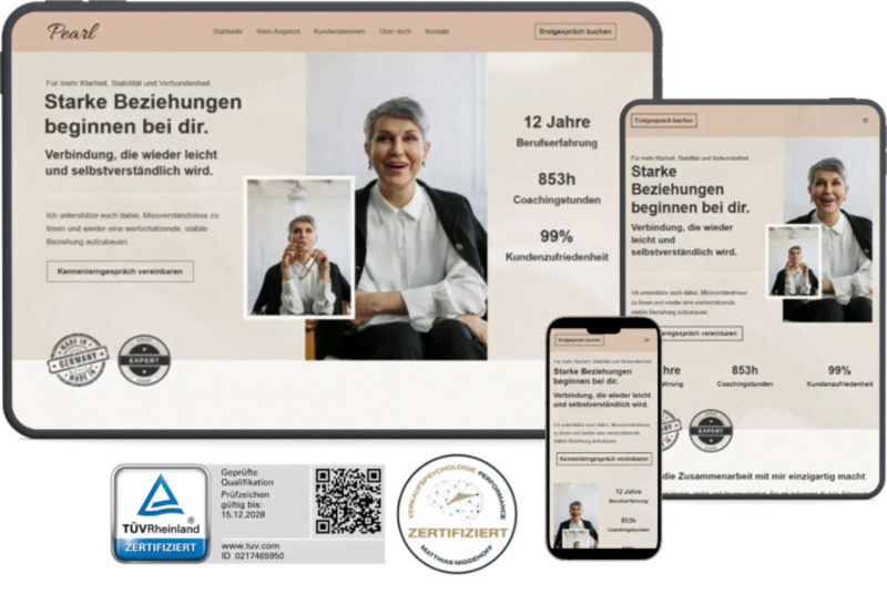 Website für Coaches (Template Pearl) als Teilausschnitt im Mockup
