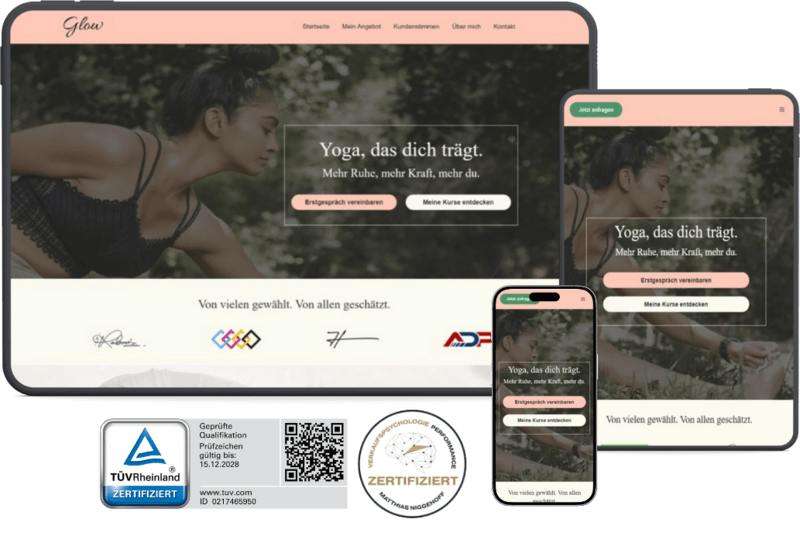 Website für Coaches (Template Glow) als Teilausschnitt im Mockup