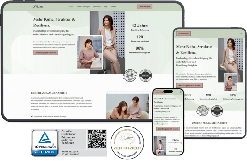 Website für Coaches (Template Mira) als Teilausschnitt im Mockup