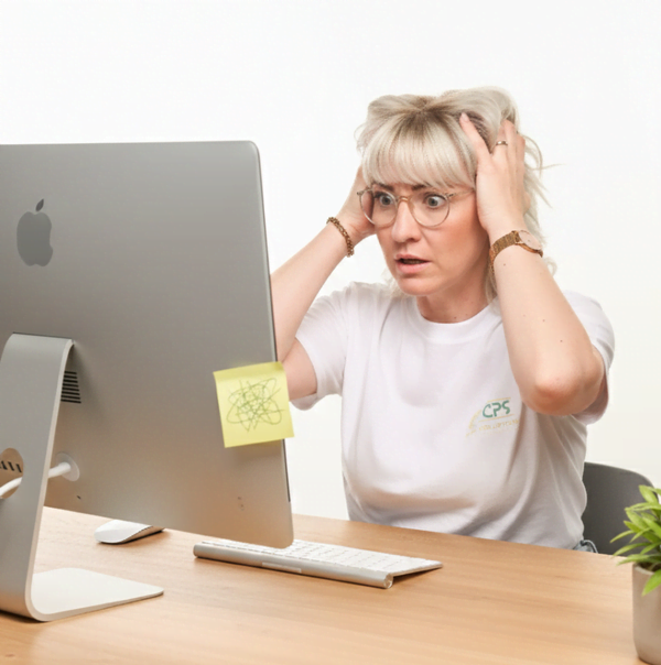 Carolin Störmer von CPS Web Solutions sitzt gestresst mit den Händen im Haar vor einem Apple-Monitor im Homeoffice.