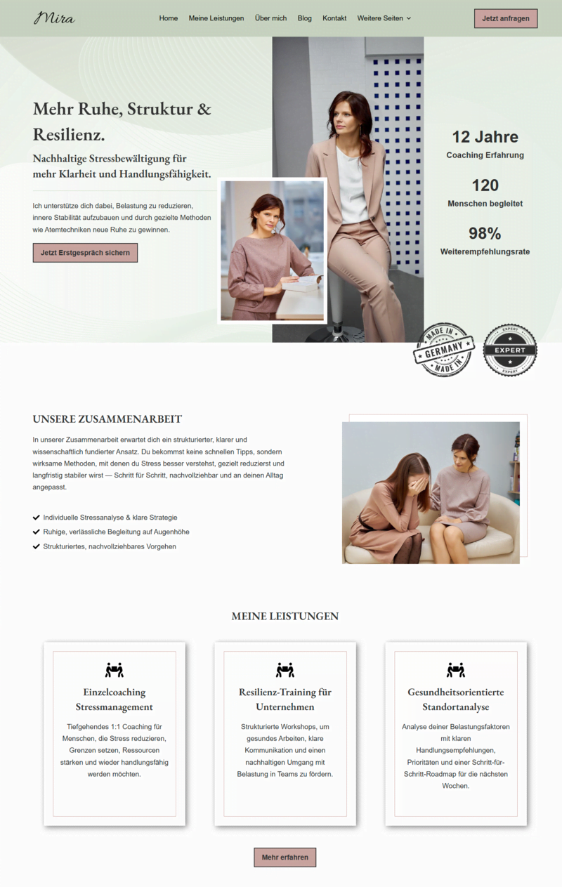 Website für Coaches (Template Mira) als Teilausschnitt