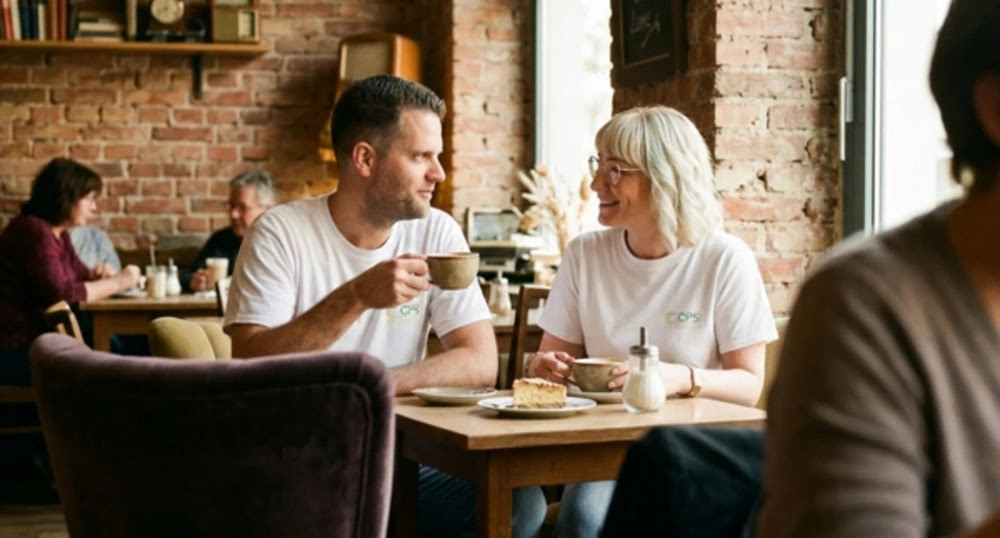 Caro und Pascal von der CPS Web Lounge im Gespräch bei einem Kaffee über die richtige Strategie für den Online Business Aufbau.