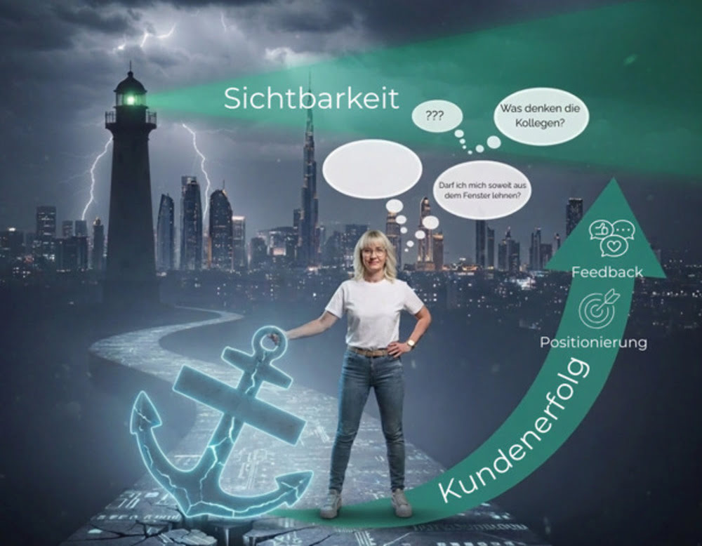 Grafische Darstellung zum Thema Perfektionismus ablegen: Caro steht auf einem Weg, der zu einem Leuchtturm (Sichtbarkeit) führt. Sie wird von einem transparenten Anker zurückgehalten, während daneben ein grüner Pfeil nach oben zu den Zielen: Feedback und Positionierung für den Kundenerfolg zeigt.