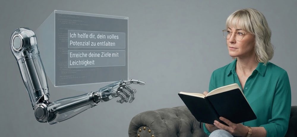 Caro von CPS Web Solutions hält nachdenklich ein Buch, während eine Roboter-Hand zeigt, wie einfach man eine website mit ki erstellen kann. Das Bild illustriert die Gefahr, dabei die eigene Authentizität zu verlieren.