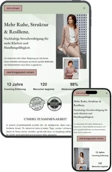 Website für Coaches (Template Mira) in der Tablet- und Smartphone-Ansicht.