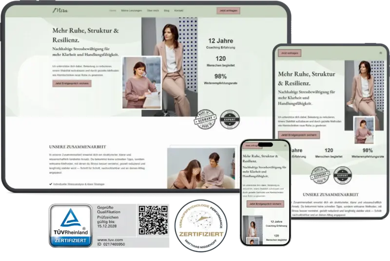 Website für Coaches (Template Mira) als Teilausschnitt im Mockup